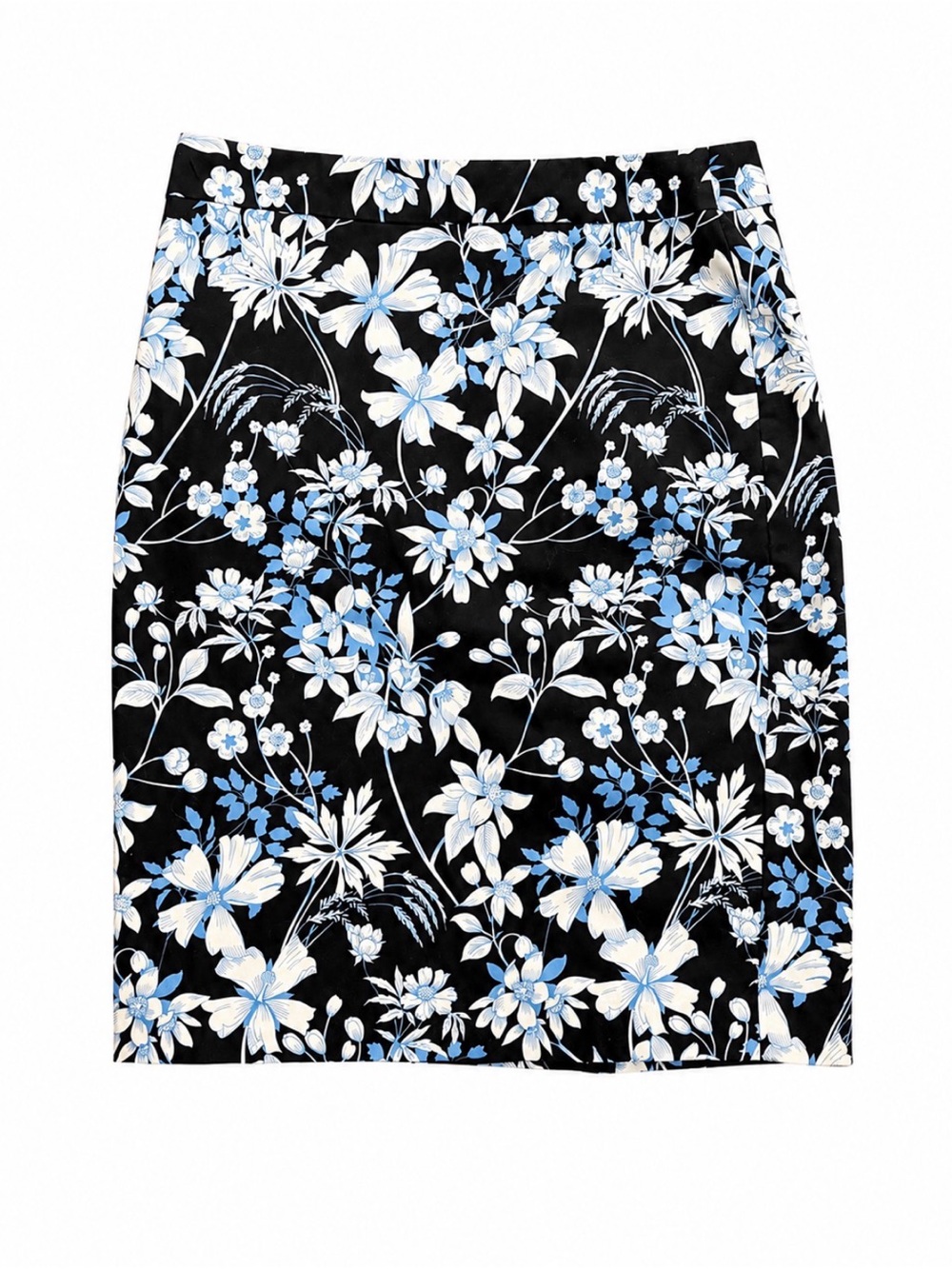 Talbots Black Pencil Skirt with Cornflower Blue & White Floral Print size 6
